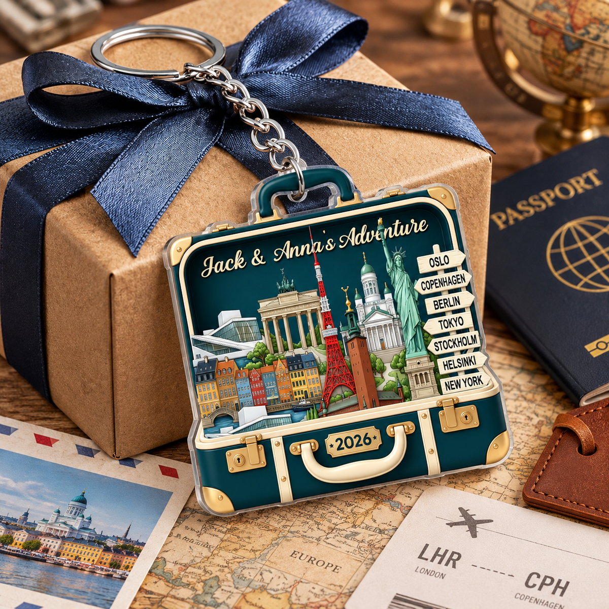 Custom Travel Adventure Suitcase 2D Flat Printed - Personalized Acrylic Keychain - Traveling Destination Keepsake, Christmas Gift For Traveling Lovers