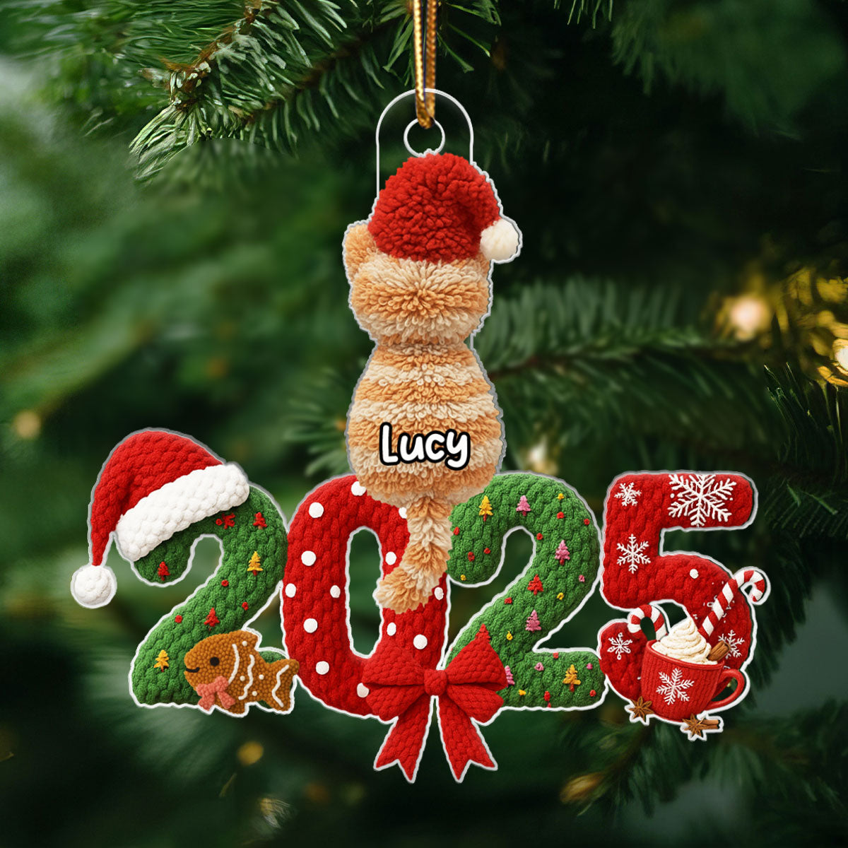2025 Cat Lovers Latch Hook Yarn Faux - Personalized Acrylic Ornament - Christmas Gift for Cat Moms, Cat Dads