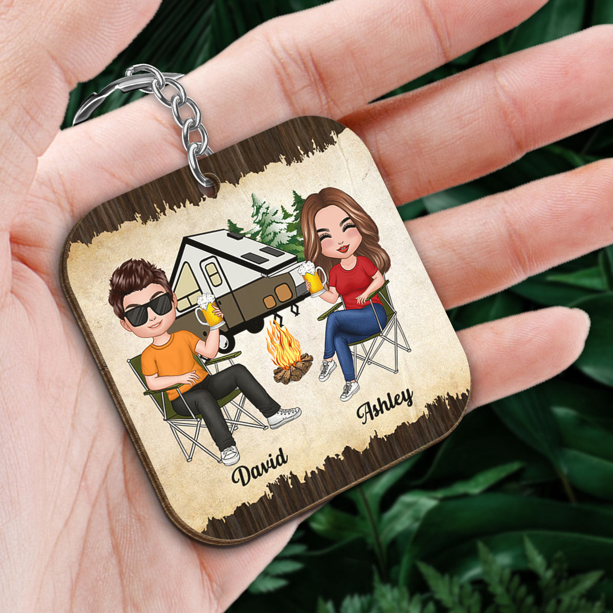 Doll Couple Camping Vintage Personalized Wooden Keychain