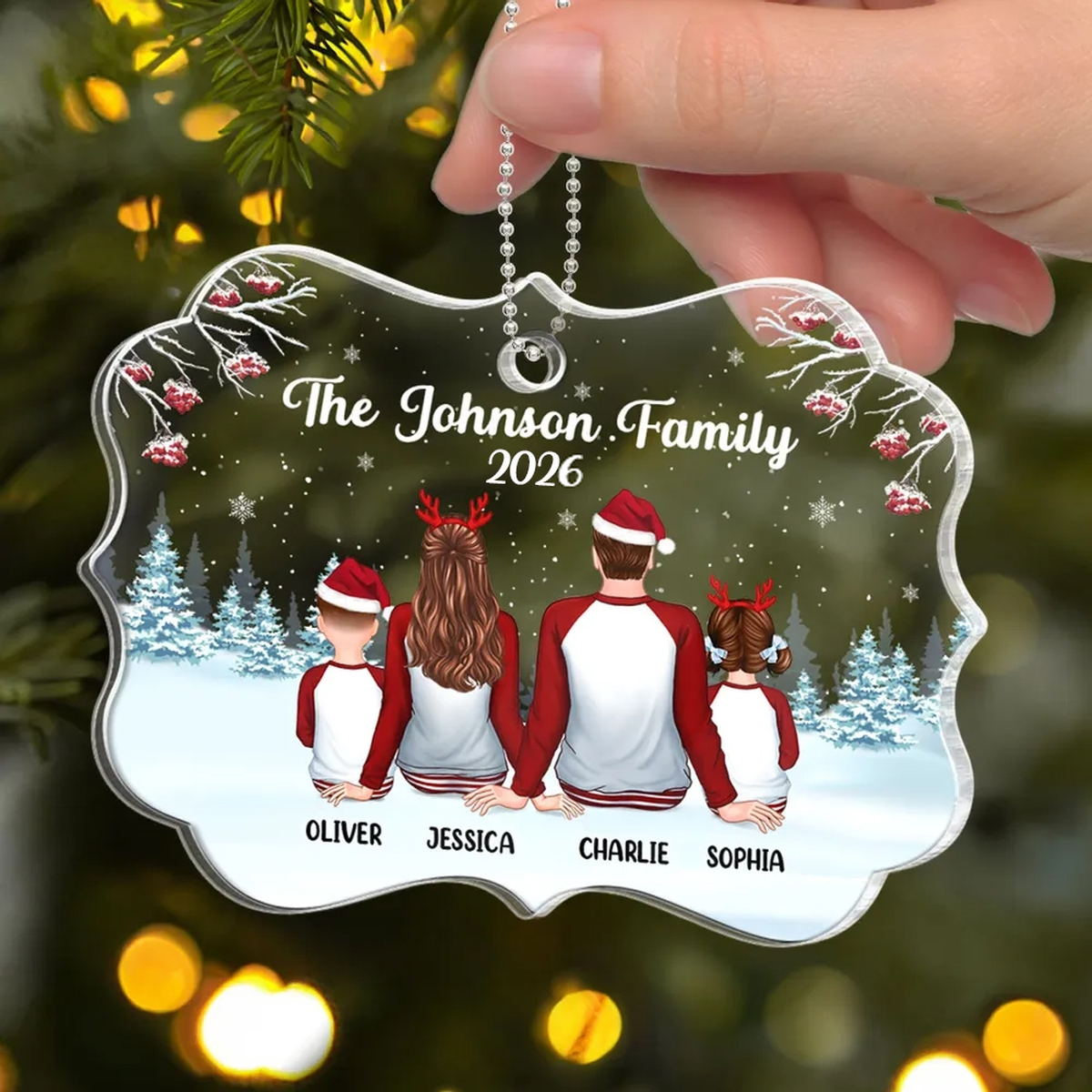 Family Back View Pajamas In Snow Personalized Acrylic Ornament