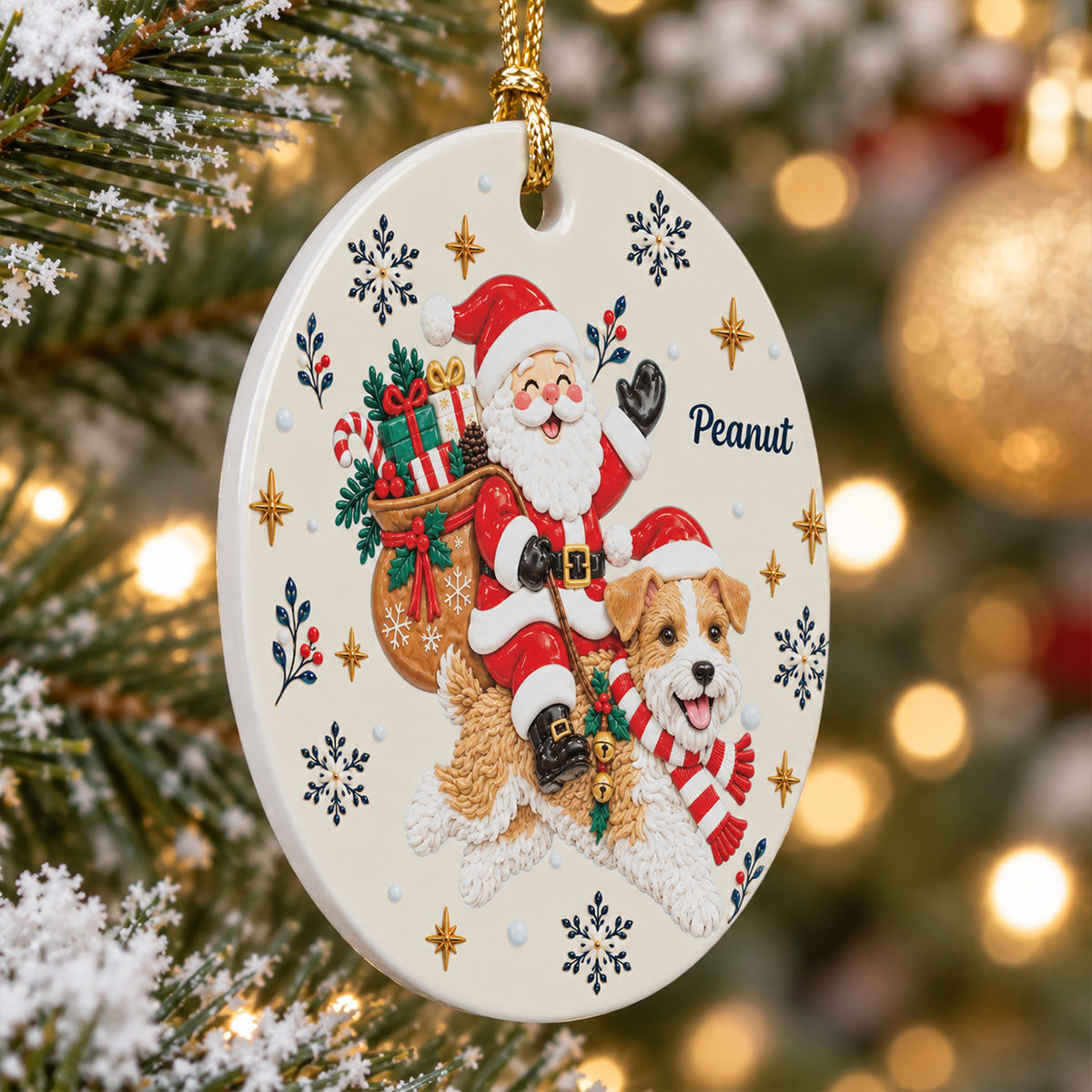 Santa On Dog's Back Upload Pet Photo 2D Flat Printed - Personalized Ceramic Ornament - Christmas Tree Decor For Dog Lover