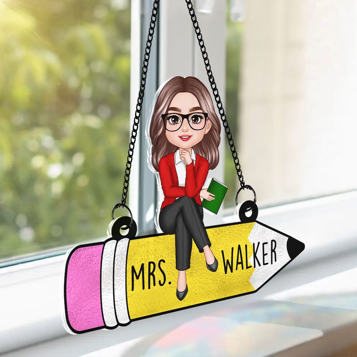 Teacher Sitting On Pencil Personalized Suncatcher, Teacher Appreciation Gift, Back To School Gift