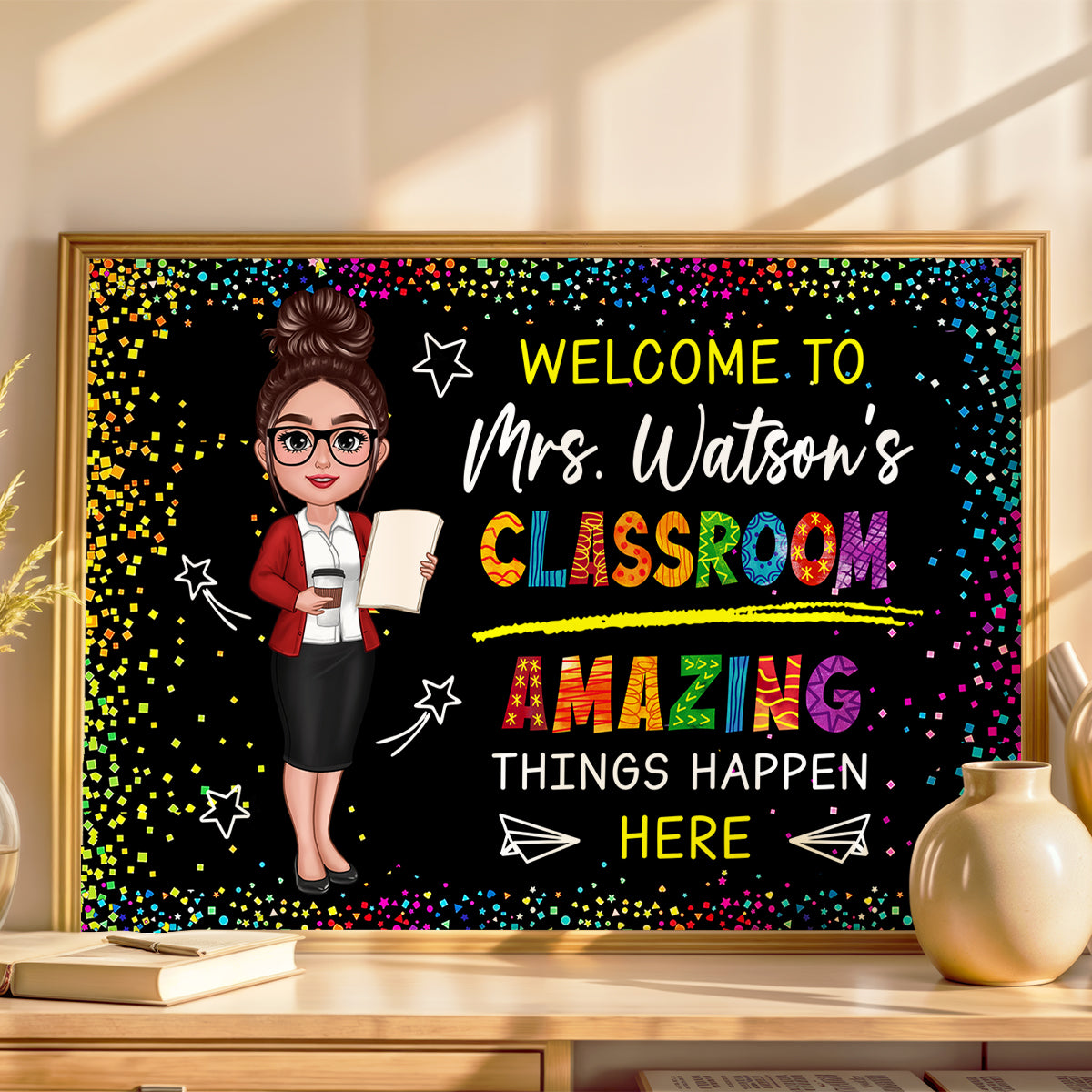 Classroom Amazing Things Happen Here Personalized Motivational Poster, Teacher Classroom Decor