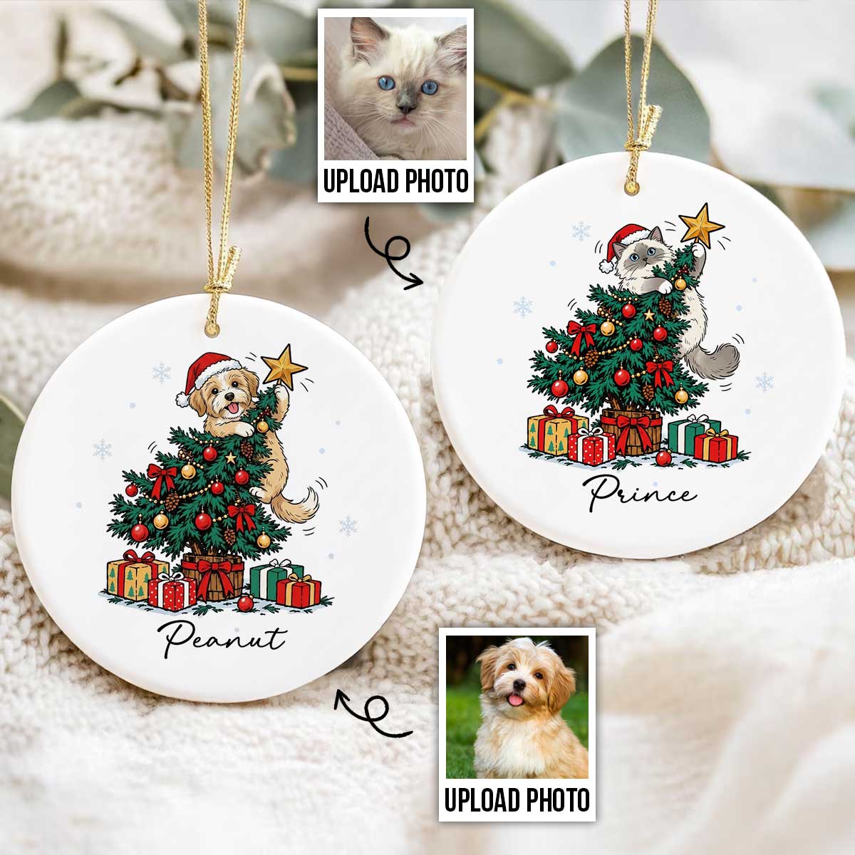 Cute Dog Cat On Christmas Tree Upload Photo - Personalized Ceramic Ornament - Funny Gift For Dog Lover, Cat Lover