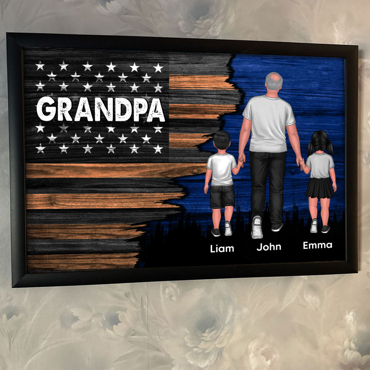 Grandpa Papa Walking With Grandkids Half Nation Flag Personalized Horizontal Poster