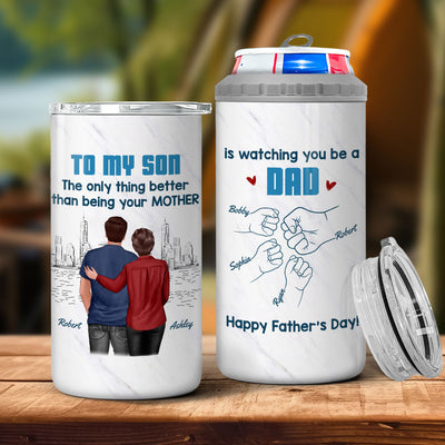 From Mom Dad To Son Watching You Be A Dad Blue Tone Personalized 4-in-1 Can Cooler, Gift For Son