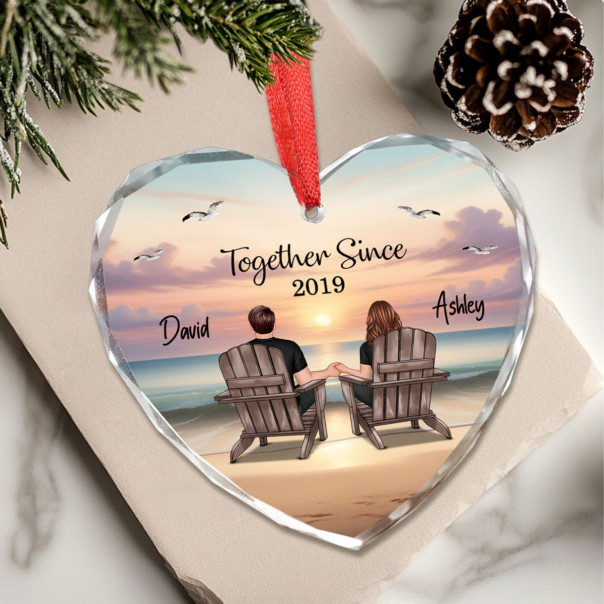 Couple Sitting Eternal Sunset Beach Personalized Heart Glass Ornament, Heartfelt Christmas Gift For Girlfriend, For Wife