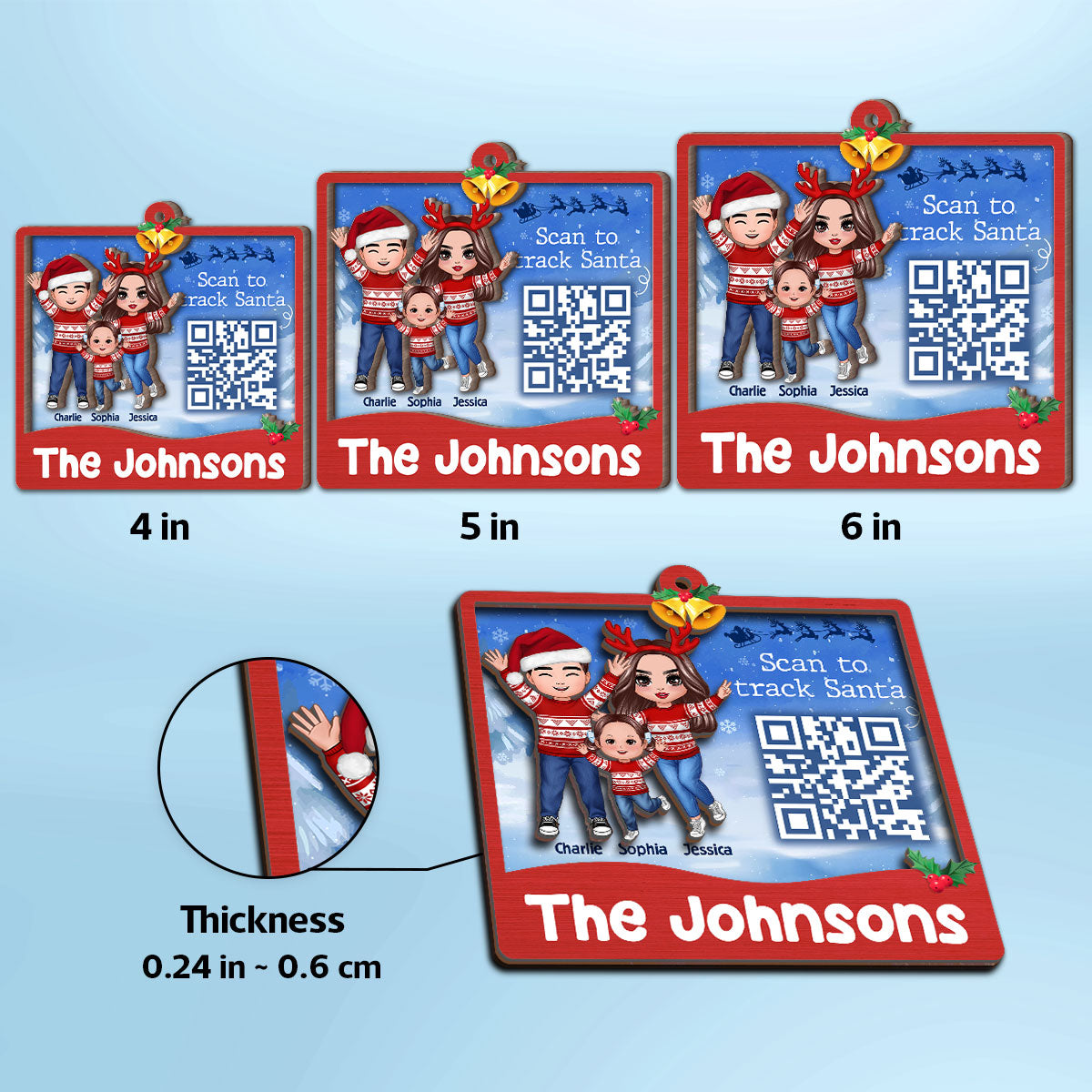 Happy Family Santa Tracker QR Code Personalized 2-Layer Wooden Ornament