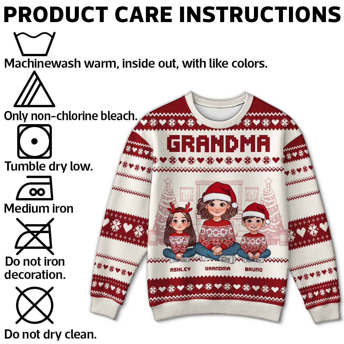 Animated Grandma Grandkids Christmas Personalized Faux Knitting Ugly Sweater