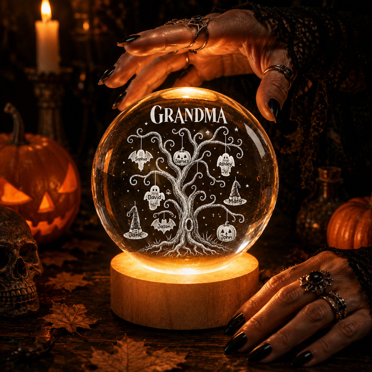 Halloween Tree With Kids Names - Personalized Crystal Ball Night Light - Halloween Gift For Grandma