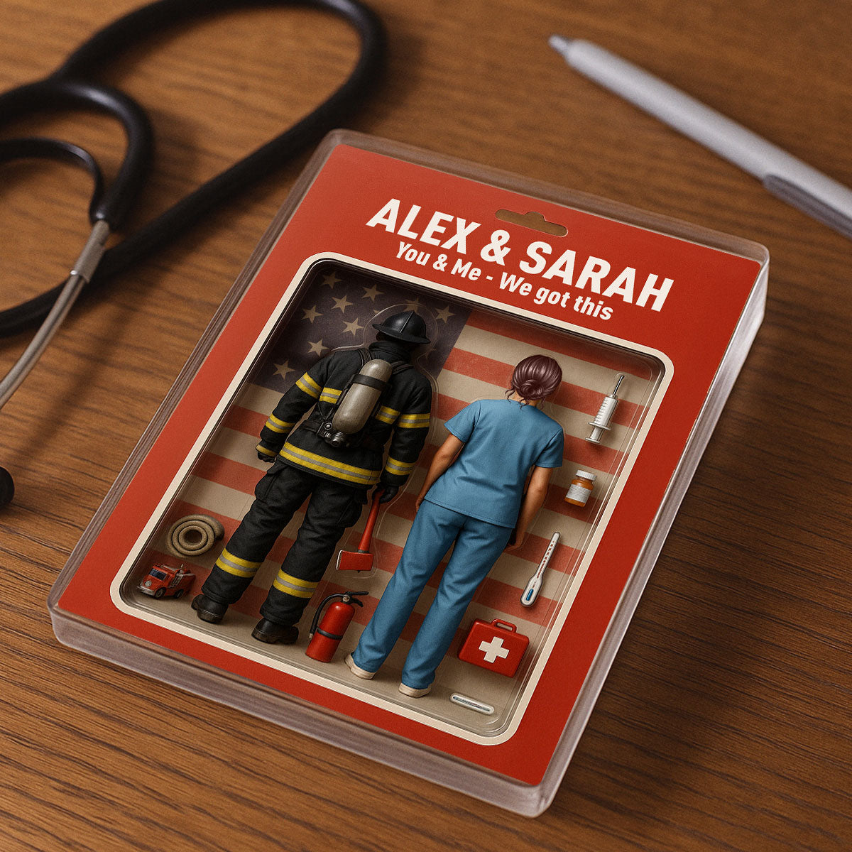 You & Me We Got This Firefighter & Nurse Couple Realistic Figures Style Personalized Acrylic Block Plaque