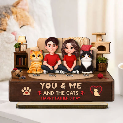 You & Me And The Cats Cozy Room 2D Flat - Personalized 2-Layered Wooden Plaque - Father's Day Gift For Cat Dad