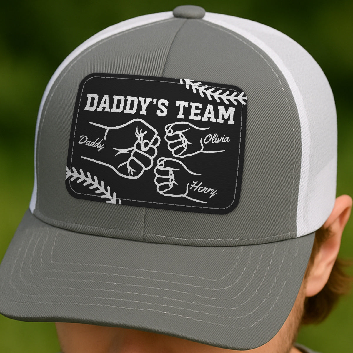 Baseball Daddy's Team Fist Bump Outline Personalized Leather Patch Hat