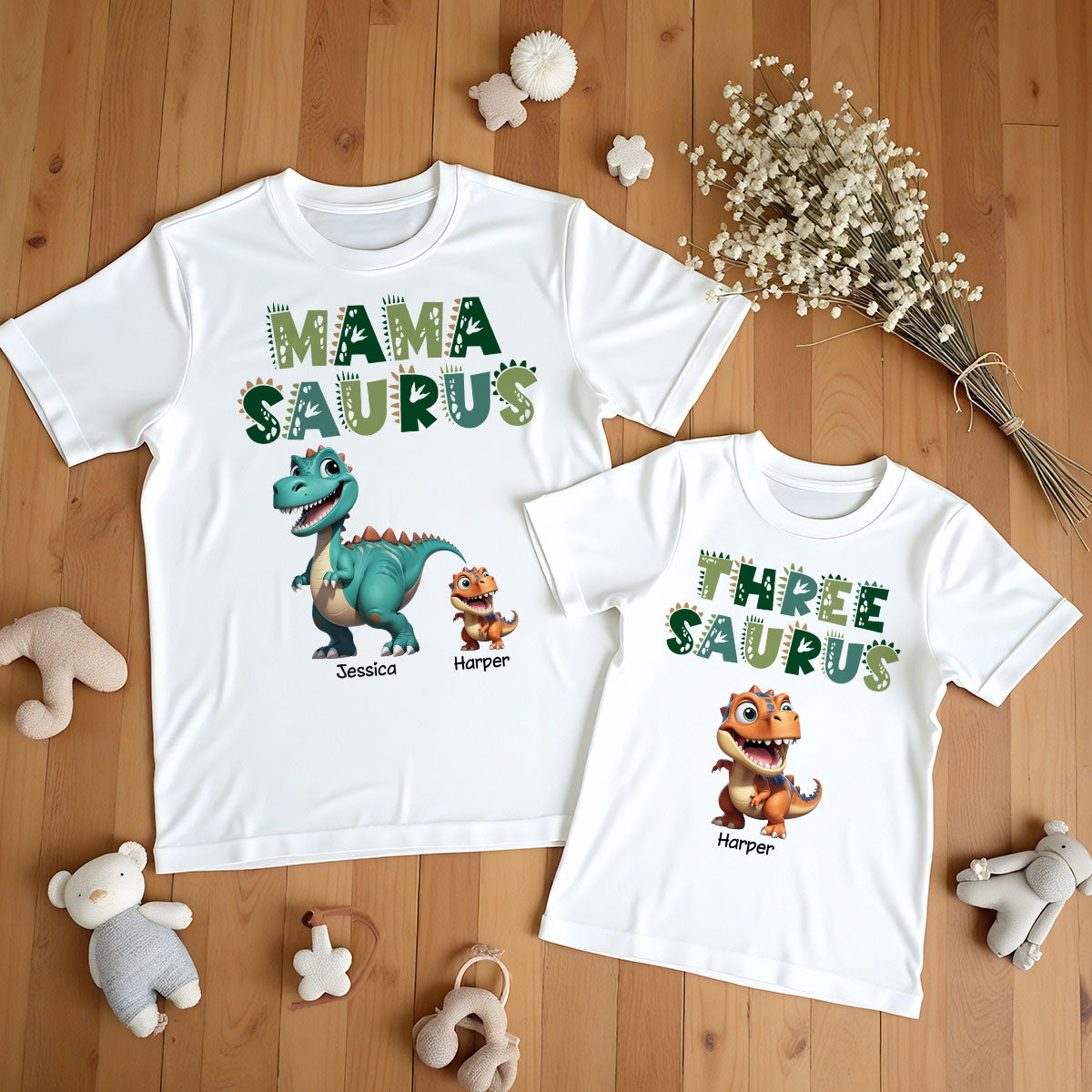 3D Effect Mamasaurus And Babysaurus Personalized Shirts [Set Of 2 Shirts]