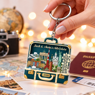 Custom Travel Adventure Suitcase 2D Flat Printed - Personalized Acrylic Keychain - Traveling Destination Keepsake, Christmas Gift For Traveling Lovers