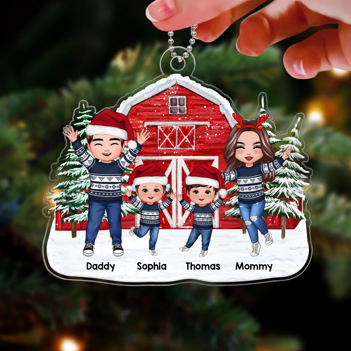 Happy Doll Family Dad Mom Kids Dogs Cats At Christmas Tree Farm Red Barn Personalized Acrylic Ornament