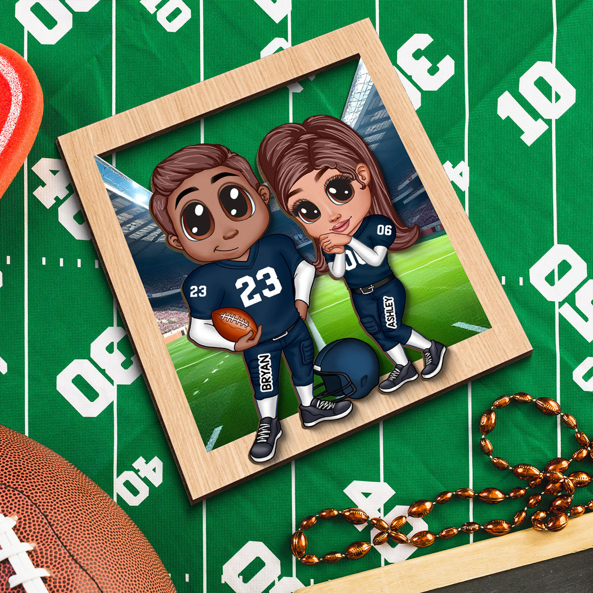 American Football Couple Y2K Style At Field Personalized 2-Layer Wooden Plaque,  Gift for Couples, Gift For Football Fans, Super Bowl 2025