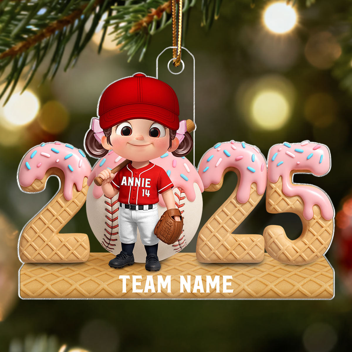 3D Effect Ice Cream Drip Sprinkles Kid Girl Boy Baseball Player - Personalized Acrylic Ornament - Christmas Gift For Kids, Granddaughter, Grandson, Daughter, Son