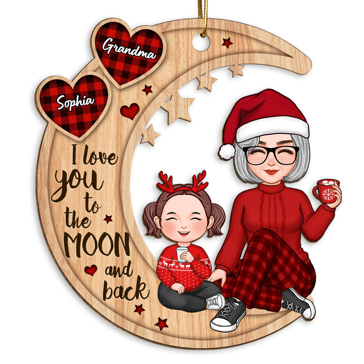 Checkered Pattern Heart Cute Grandma & Grandkid Sitting On Moon Personalized Wooden Ornament