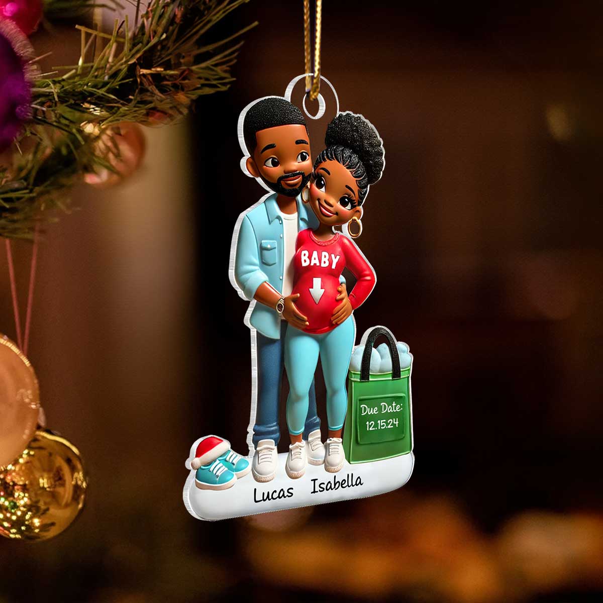 Personalized Baby on the Way Afro Couple Valentine's day Ornament, 3D Effect Ornament,  Keepsake for New Parents