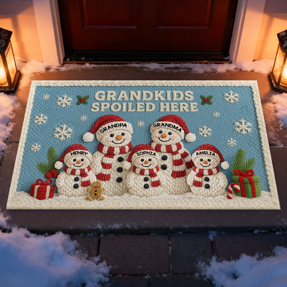 Grandma Grandpa Grandkids Snowman Crochet Faux Yarn Texture - Personalized Doormat - Christmas Decoration