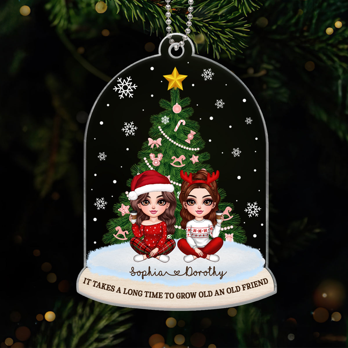Pretty Besties Sisters Friends Christmas Tree In Dome Shaped Personalized Acrylic Ornament