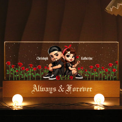 Pretty Couple Roses Heart Together Since Personalized Acrylic Block LED Night Light,  Gift, Anniversary Gift for Couples