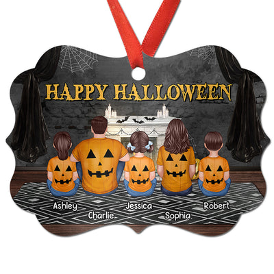 Family In Halloween Back View Sitting Couple Kid Dog Cat Personalized Ornament