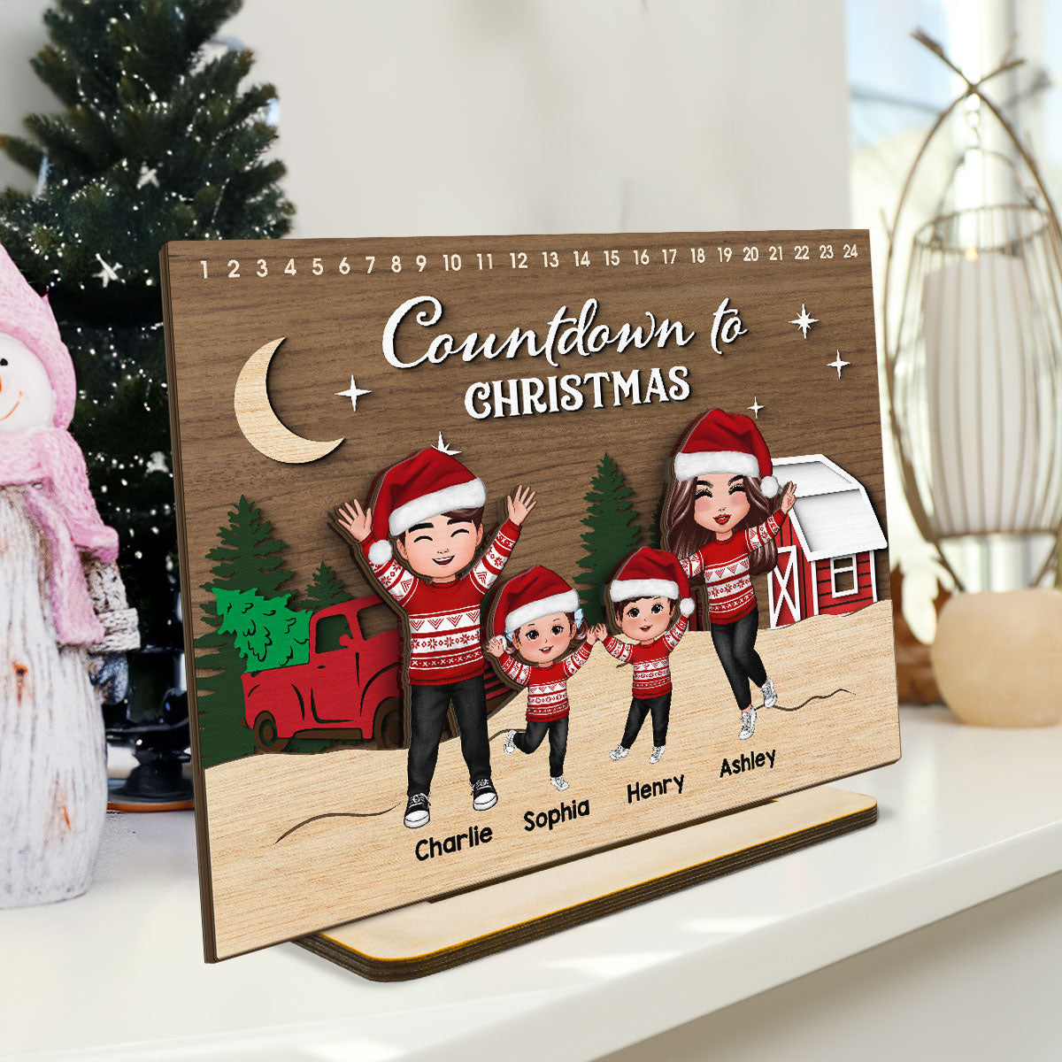 Christmas Countdowns Family Sitting Personalized 2-Layer Standing Wooden Plaque