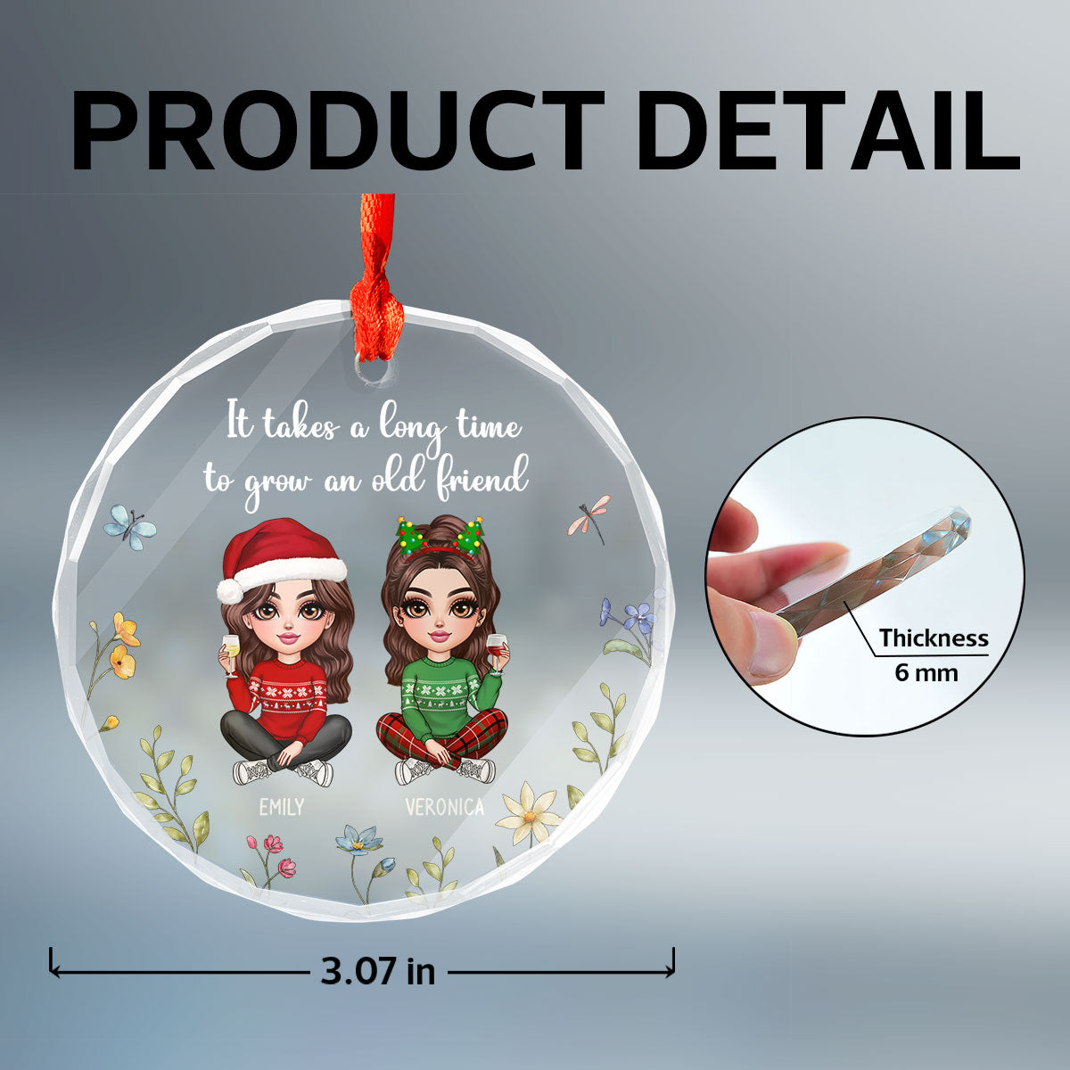 Sisters Are Differents Flowers From The Same Garden, Doll Sisters Sitting Personalized Glass Ornament, Christmas Gift For Sisters