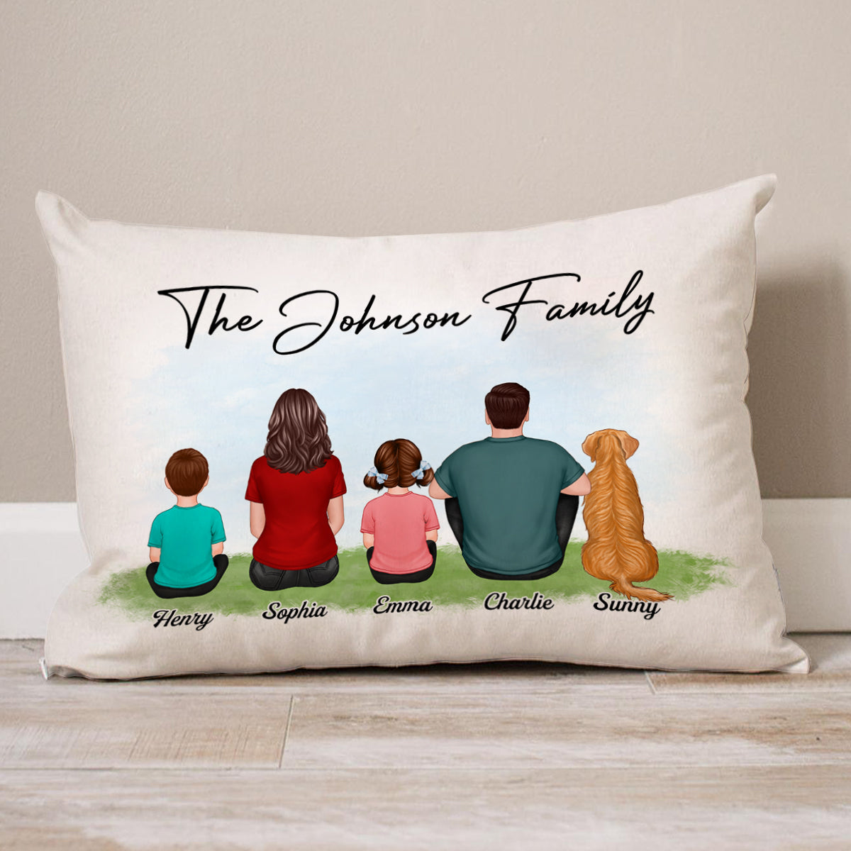 Family Name Family Back View Sitting Kid Dog Cat Personalized Pillow