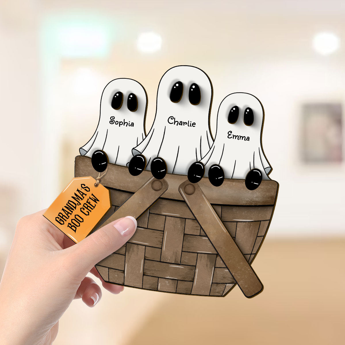 Grandma Family Ghosts For The Flower Basket Personalized 2-Layer Standing Wooden Plaque, Halloween Decor