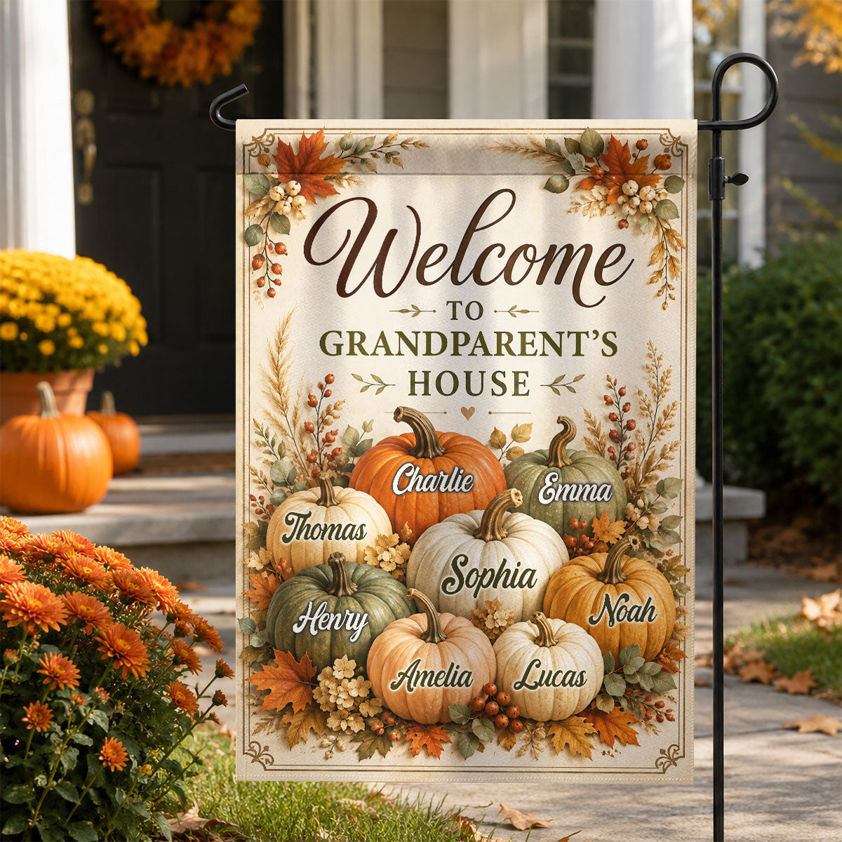Welcome To Grandparent's House Fall Pumpkin - Personalized Garden Flag - Fall Season Decor Gift, Gift For Grandma, Grandpa