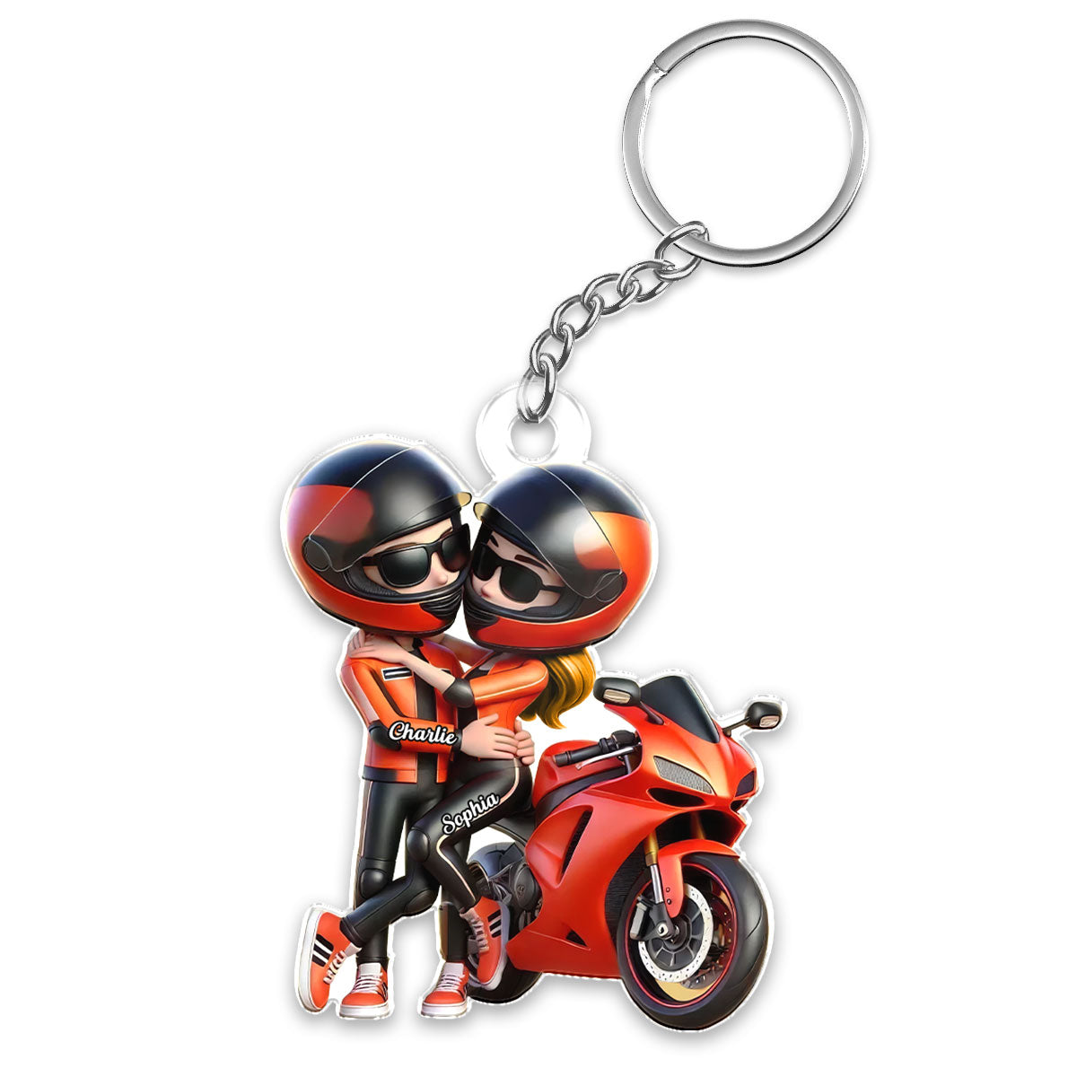 3D Effect Motorcycle Pretty Cartoon Couple Personalized Acrylic Keychain, Anniversary Birthday Gift For Him, For Biker Couple