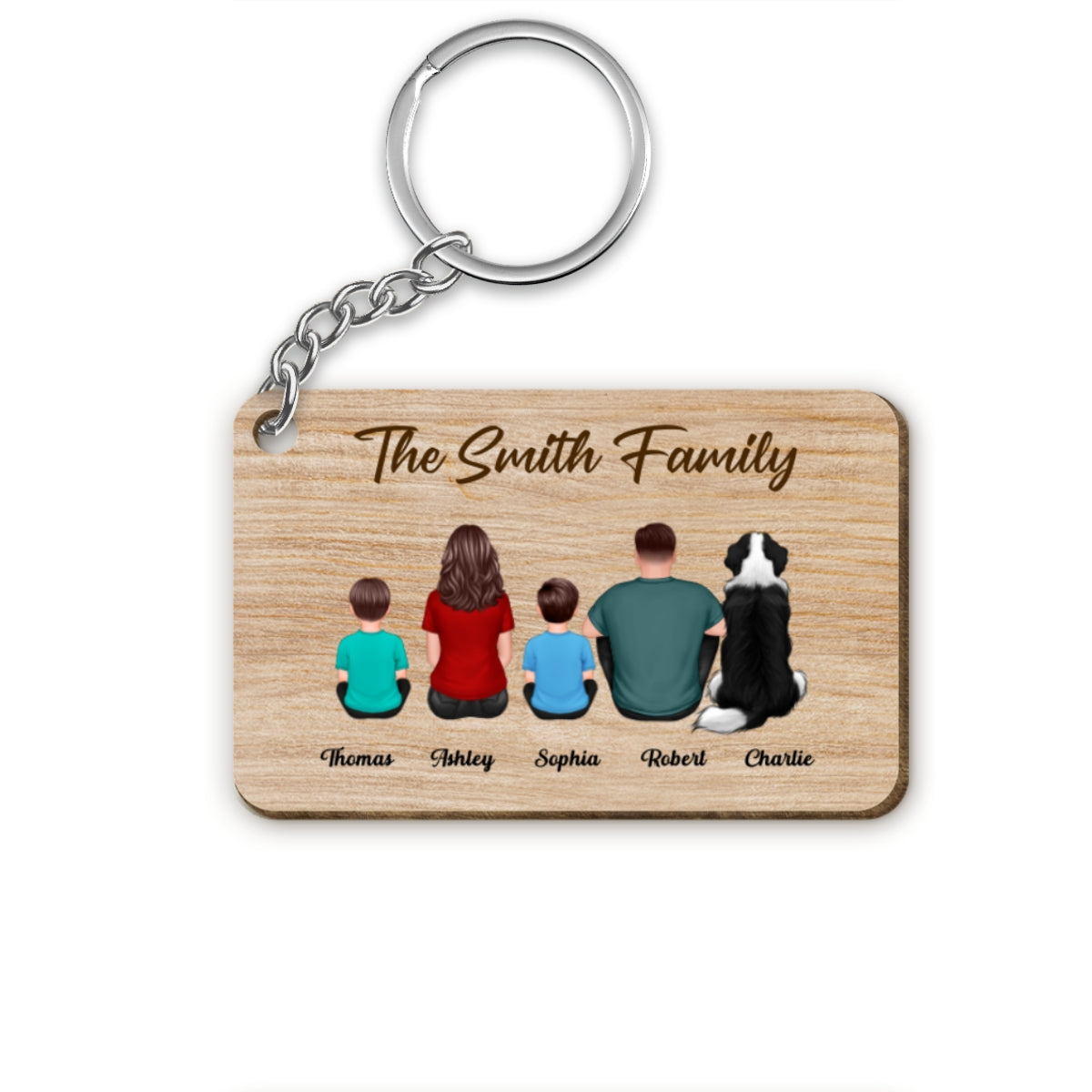 Whole Back View Family Couple Dad Mom Kids Dogs Cats Personalized Wooden Keychain
