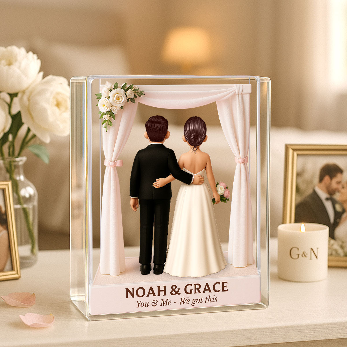 Bride & Groom Couple Figures Style Beach Wedding Theme Personalized Acrylic Flat Block Plaque, Wedding Gift, Newlyweds Gift