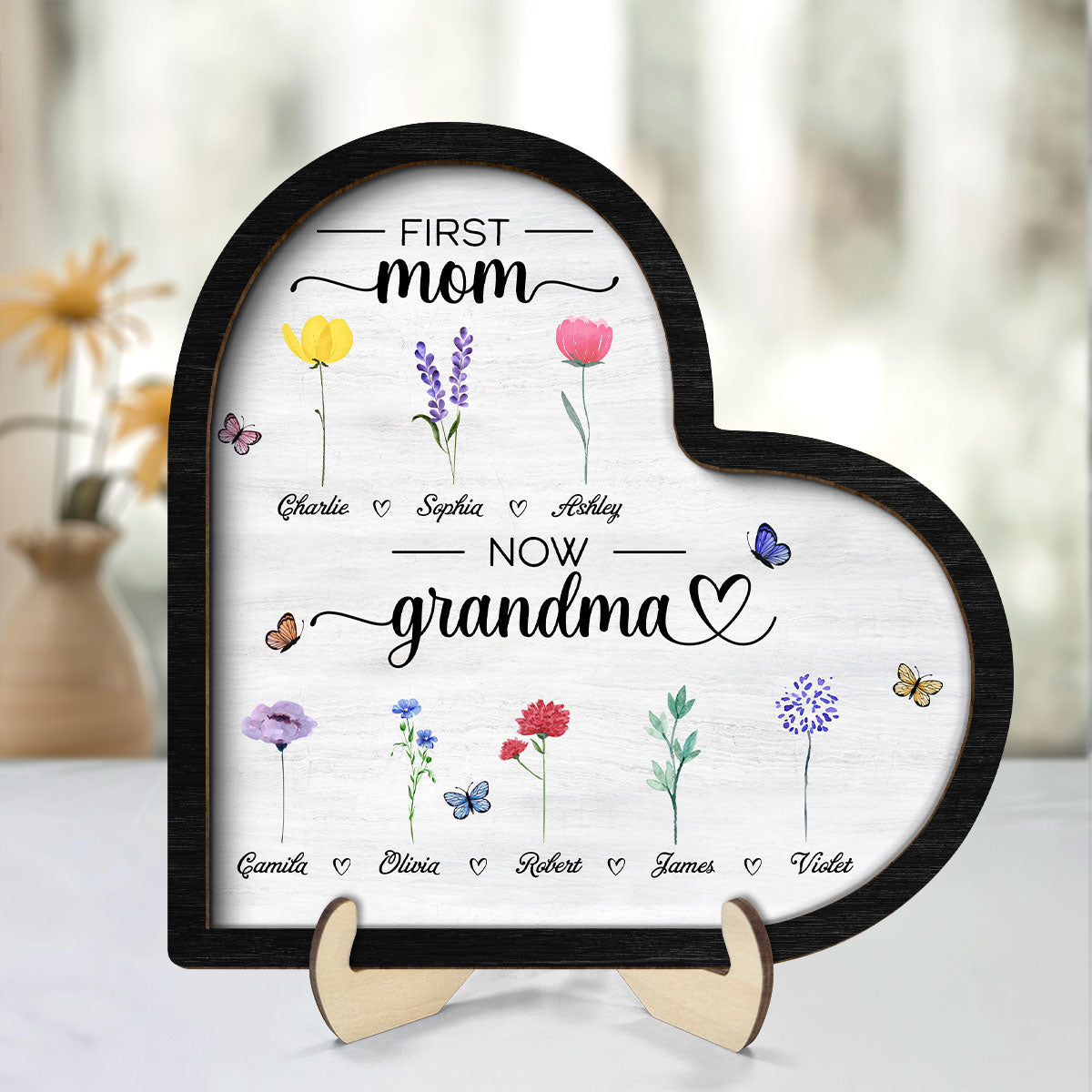 First Mom Now Grandma Birth Month Flowers Heart Shaped Personalized 2-Layer Wooden Plaque