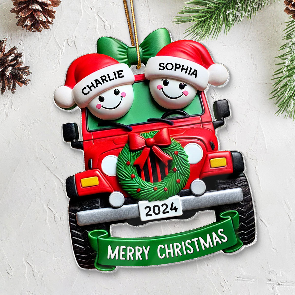 3D Effect Happy Couple On Christmas Car Personalized Acrylic Ornament