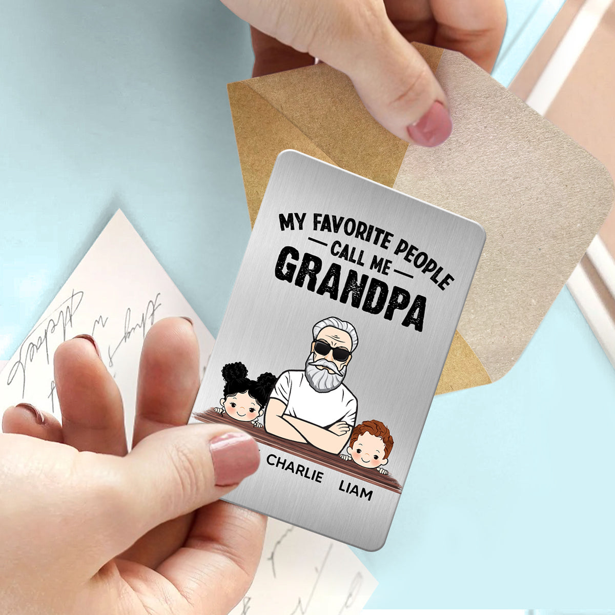 Favorite People Call Me Grandpa Man And Kids Personalized Metal Wallet Card