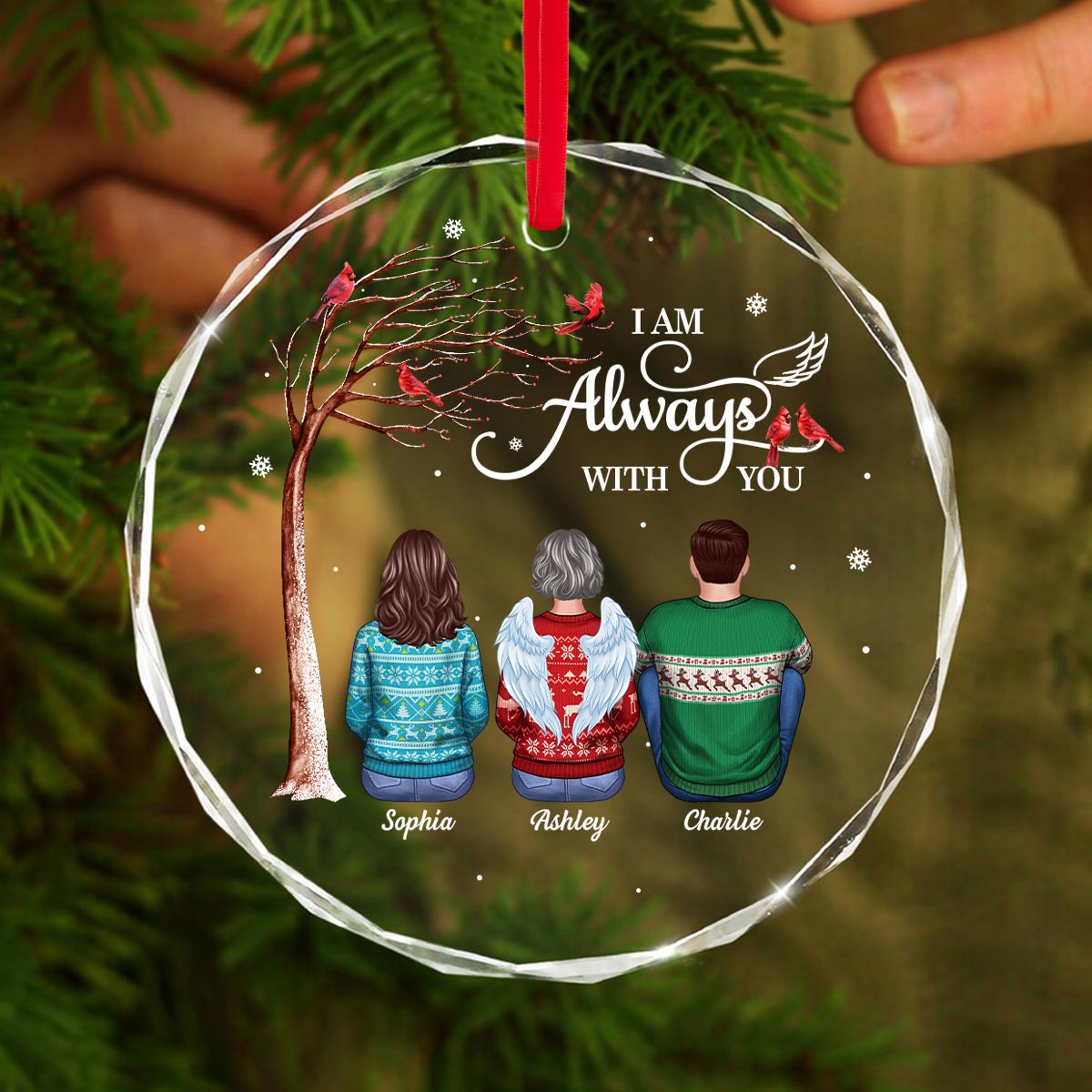 Always With You Cardinal Memorial Remembrance Keepsake Personalized Glass Ornament