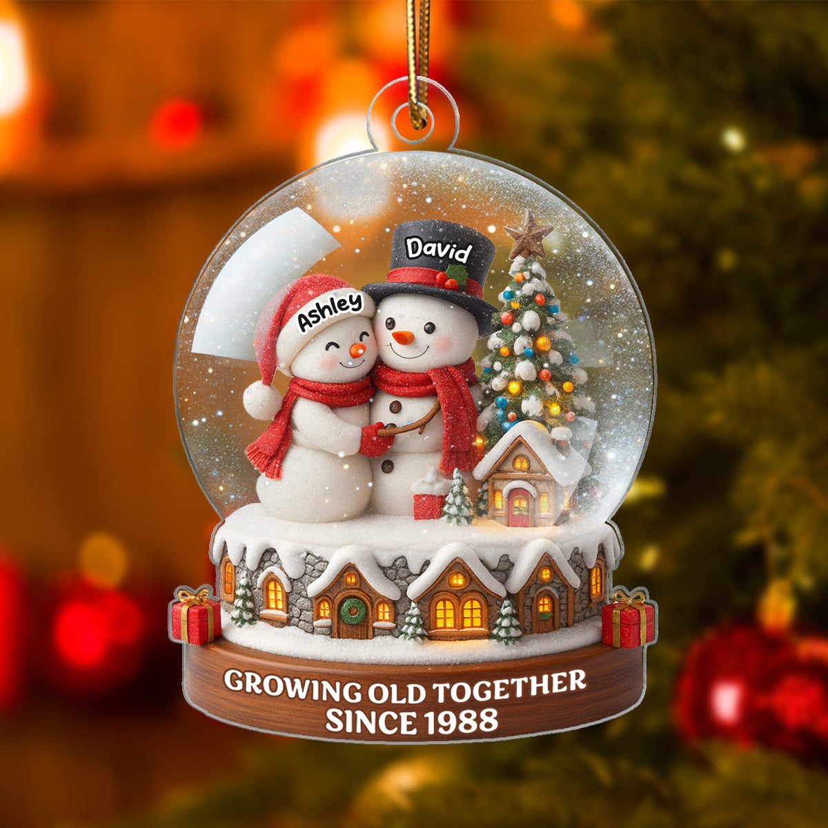 Snow Globe Snowman Couple Growing Old Together Personalized Acrylic Ornament, 3D Effect, Christmas Gift for him, Gift for her