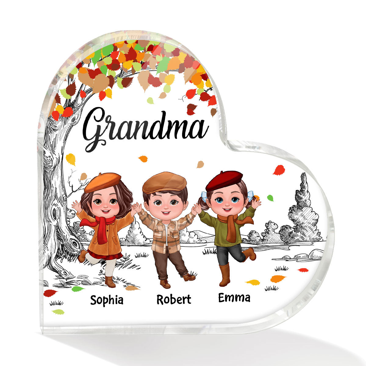 Happy Doll Kids Under Colored Fall Tree Personalized Heart Acrylic Plaque