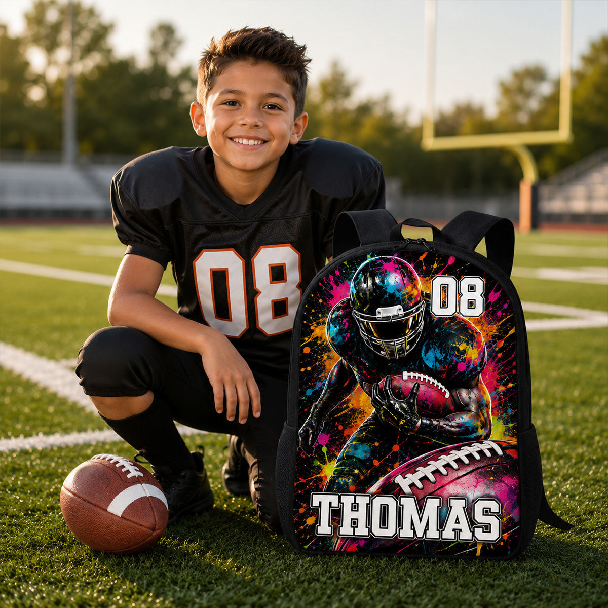 Watercolor Splash American Football Custom Name & Number - Personalized Backpack - Back To School Gift For Football Lovers, Kid Boy, Son, Grandson