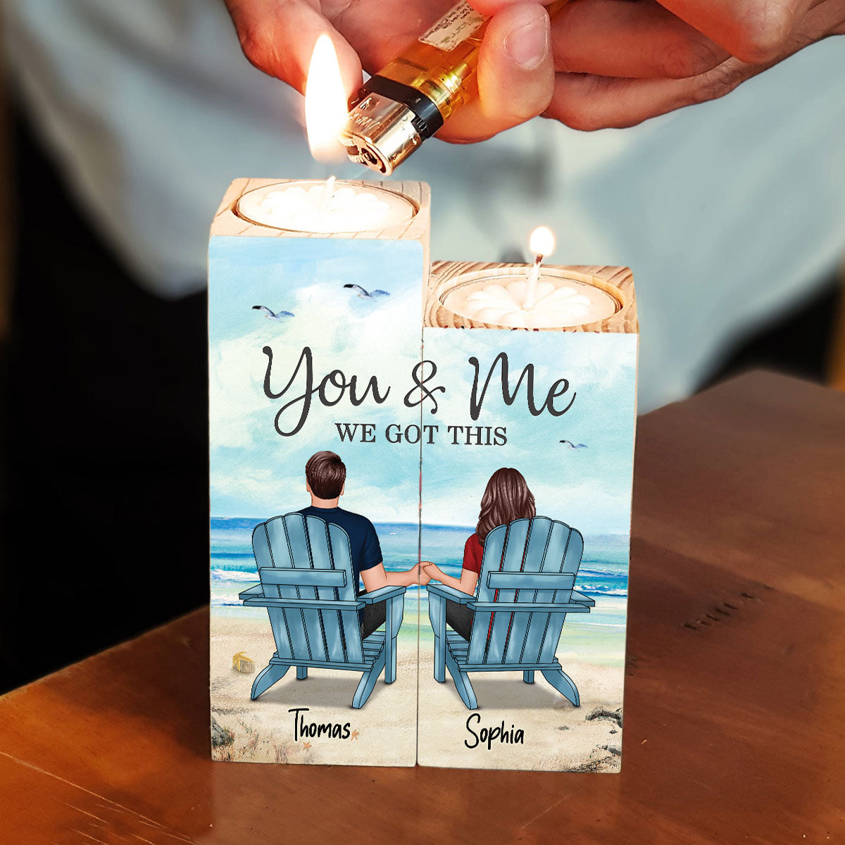 Back View Couple Sitting Beach Landscape Personalized Candle Holder