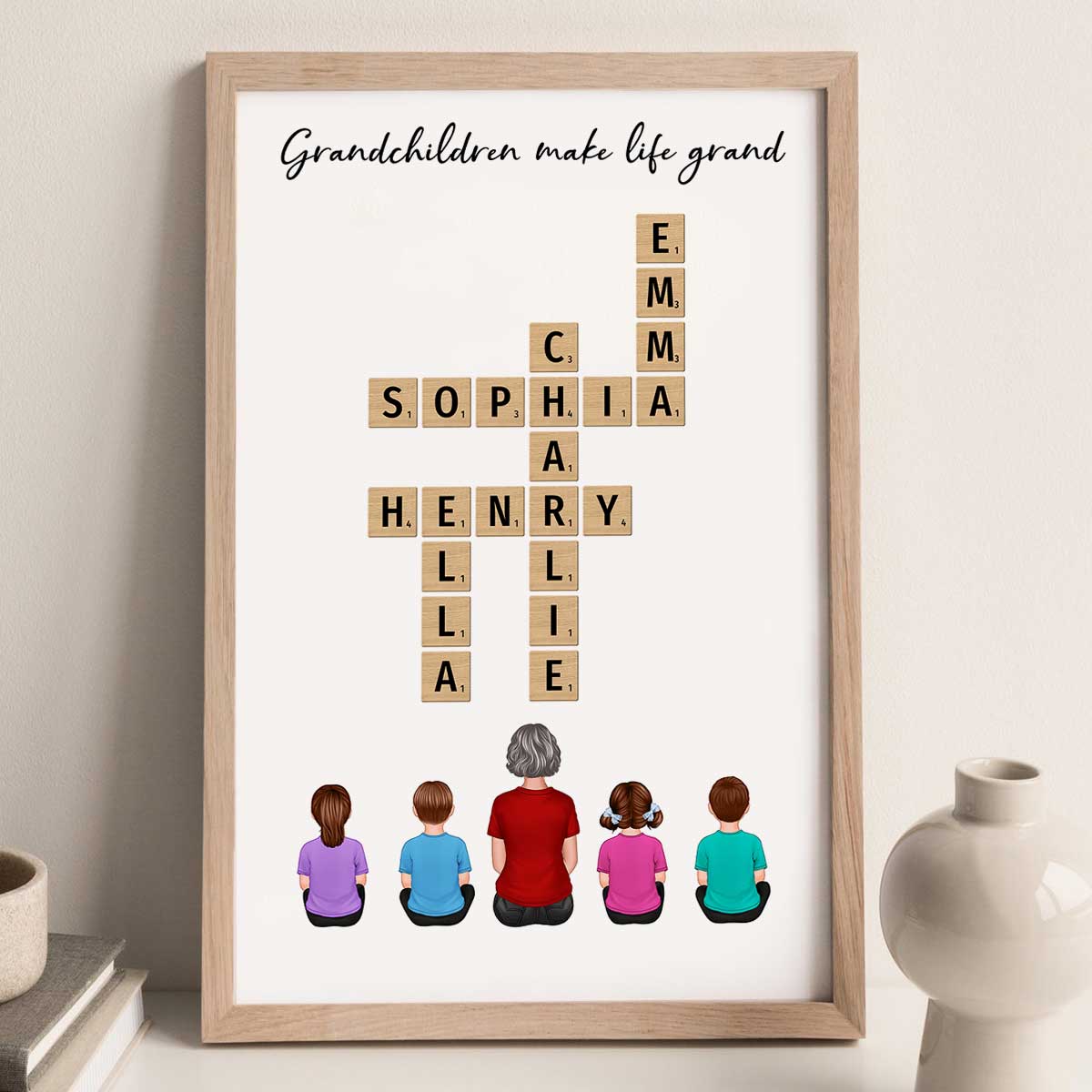 Our Grandchildren Names In Crossword Unique Gift For Grandma Grandpa Grandparents Back View Sitting Personalized Poster