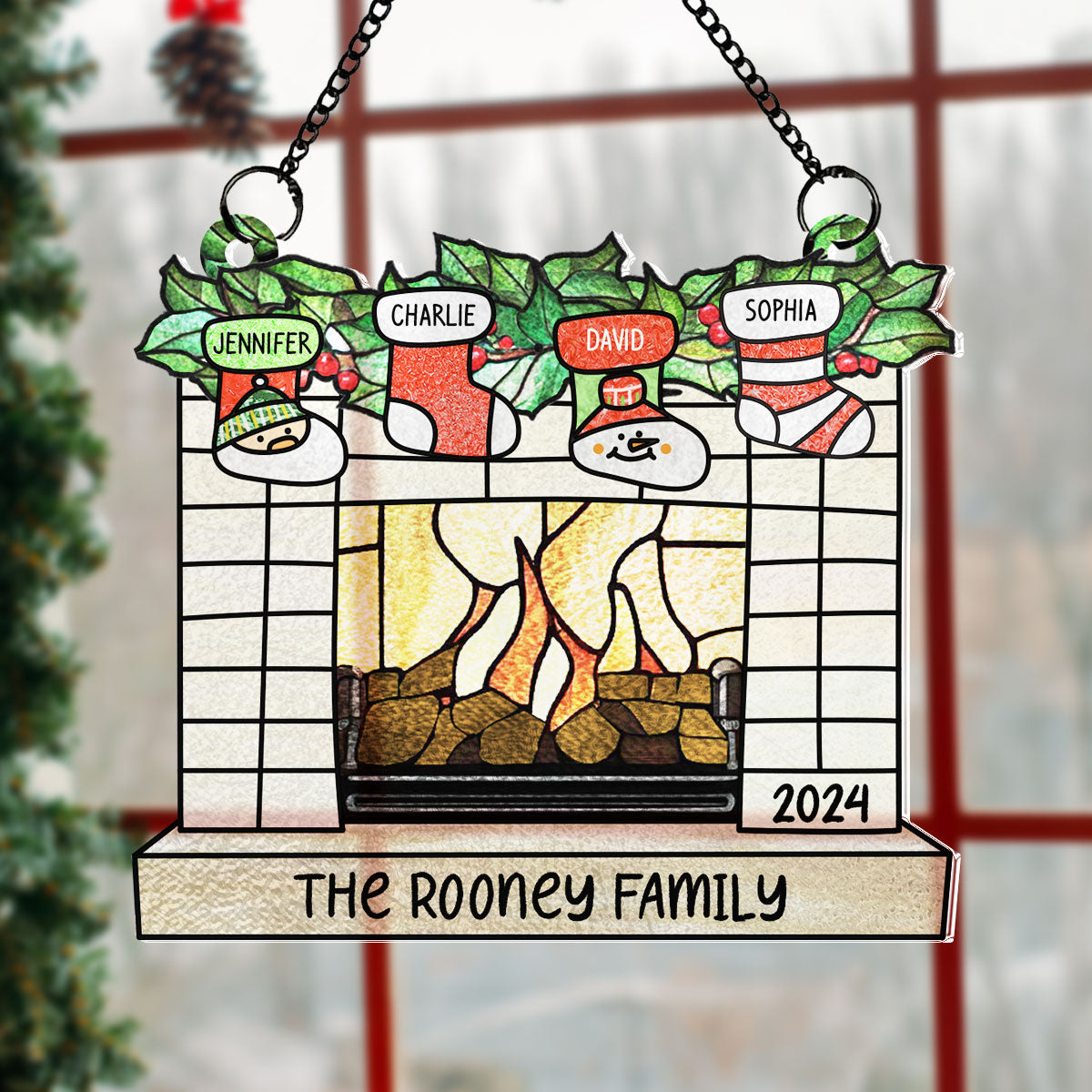 Family Christmas Stockings on Fireplace Personalized Suncatcher, Christmas Stained Glass Decor
