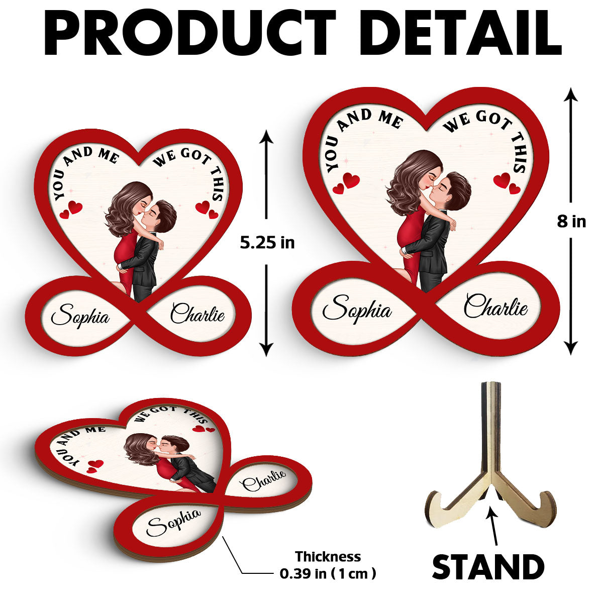 Couple Hugging Kissing Heart Infinity Red Theme Personalized 2-layer Wooden Plaque