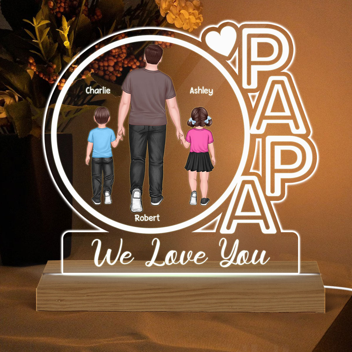 Papa We Love You Back View Walking Man & Kids Personalized Custom Shape Acrylic Plaque With Warm LED Night Light