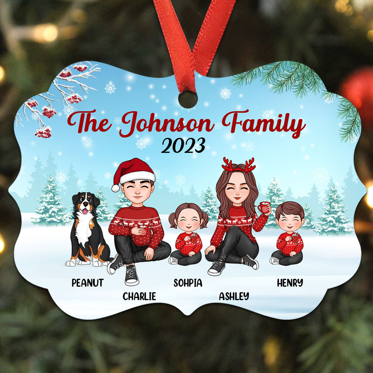 Christmas Berry Tree Cute Family Dad Mom Kids Dogs Cats Sitting In Snow Personalized Christmas Ornament