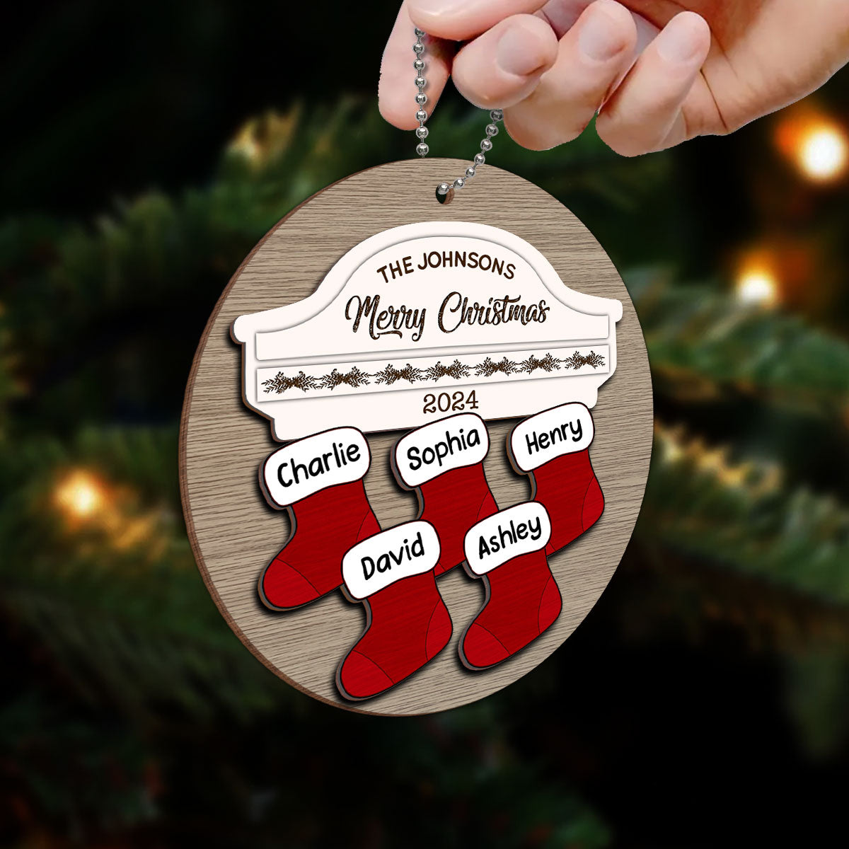 Family Name Stocking Christmas Decor Personalized 2-Layer Wooden Ornament